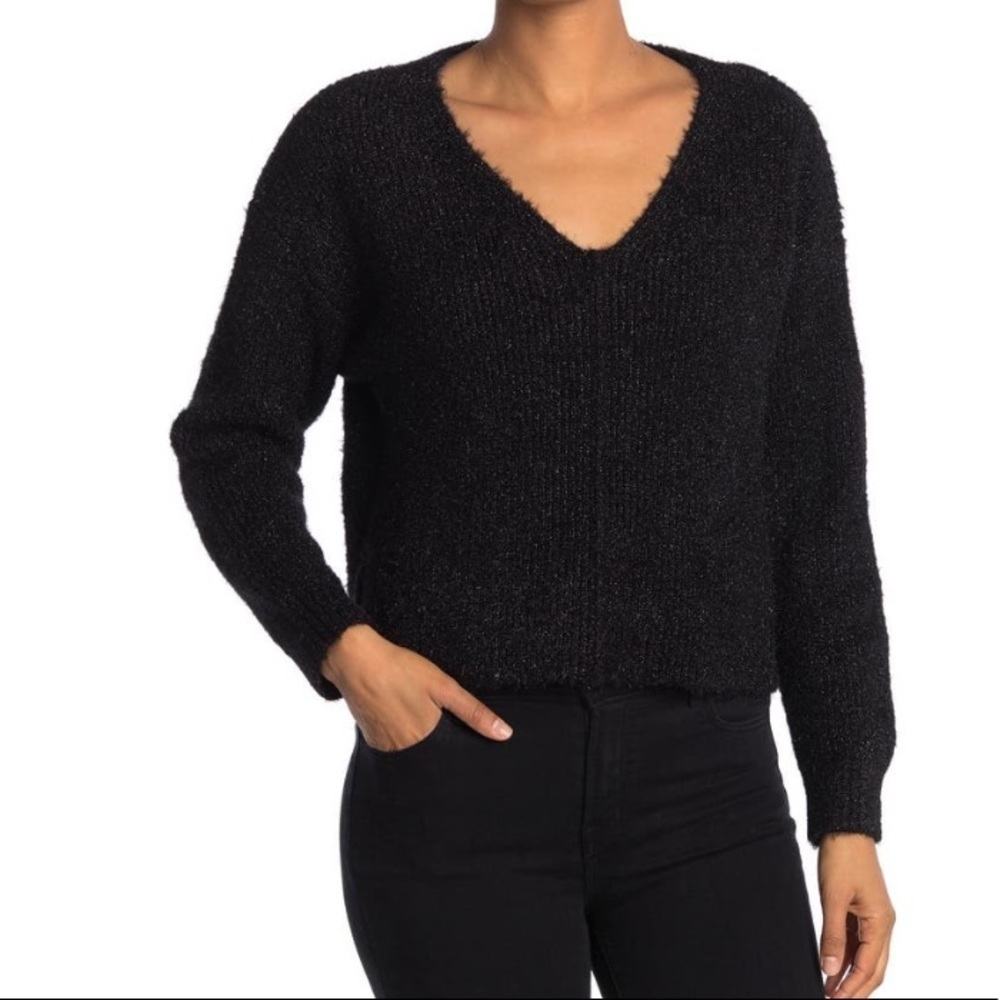 Abound Black V-Neck Fuzzy Knit Pullover Sweater NWT